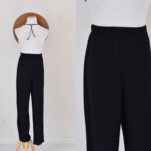 Vintage 80s Gathered Waist Black Lounge Rayon Pants size 12 | 30-34 waist‎